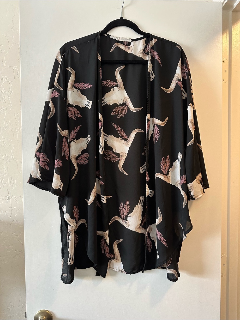 Black Floral Skull Print Open-Front Kimono Cardigan
